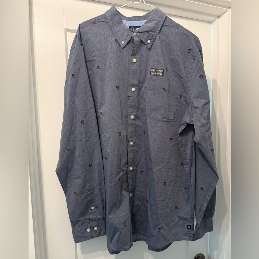 Blue Newport Navy Men’s Chaps Button Down American Flag Shirt XL